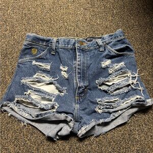 Wrangler Cowboy Cut Distressed Blue Denim Shorts